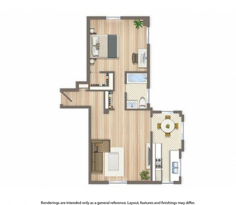norwood one bedroom apartment floor plan rendering